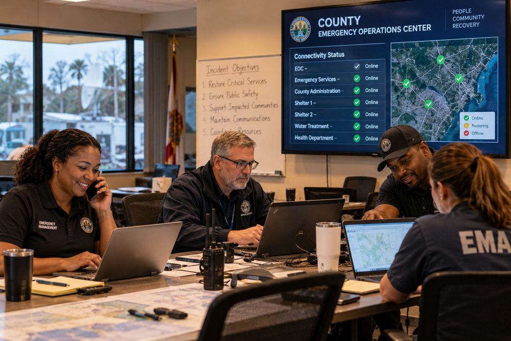 County emergency operations center team coordinating restored connectivity