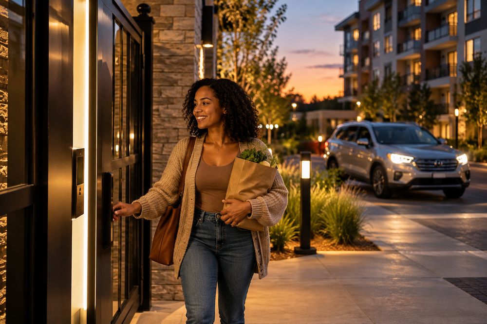Resident unlocking the front door automatically as she arrives home