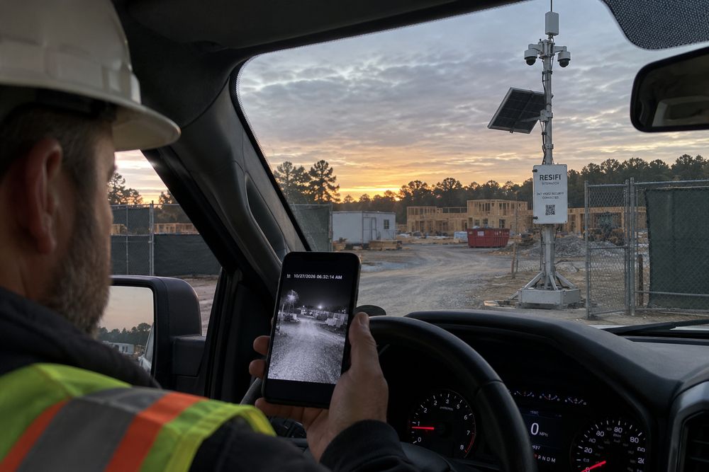 A foreman checking a live SiteWatch camera feed on his phone from his truck at dawn
