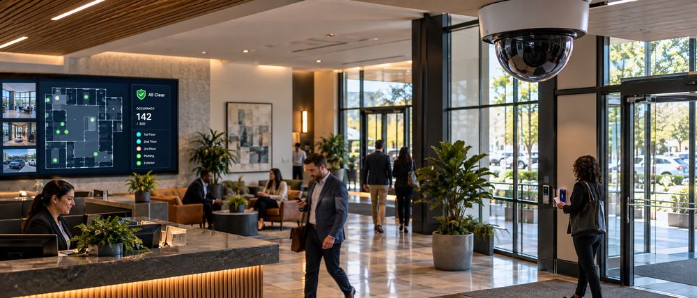 Lobby with a ceiling-mounted camera, a wall status display and a visitor badging in
