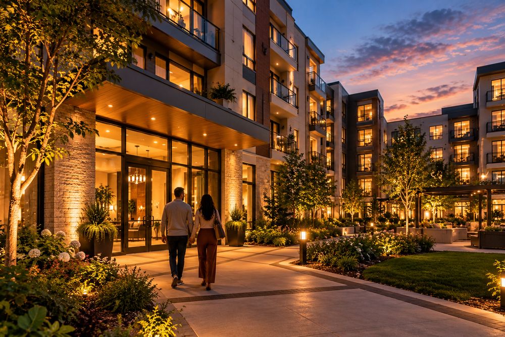 Residents walking into a warmly lit Smart Living community at dusk