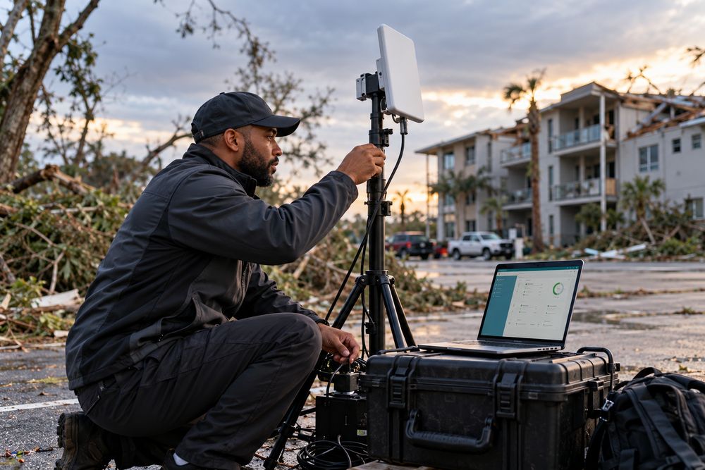Field technician restoring connectivity near storm-affected buildings at dusk