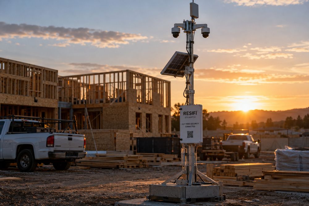 A Resifi SiteWatch unit at a residential framing construction site at sunset