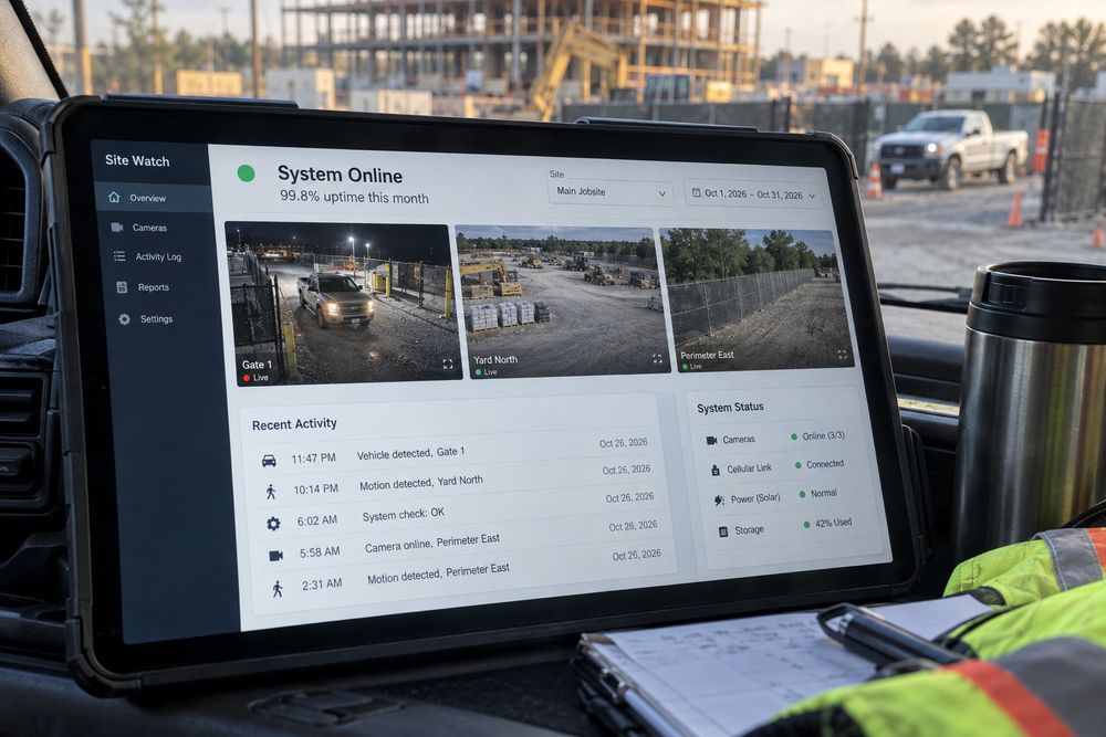 A tablet showing SiteWatch system uptime, live camera thumbnails and a timestamped activity log