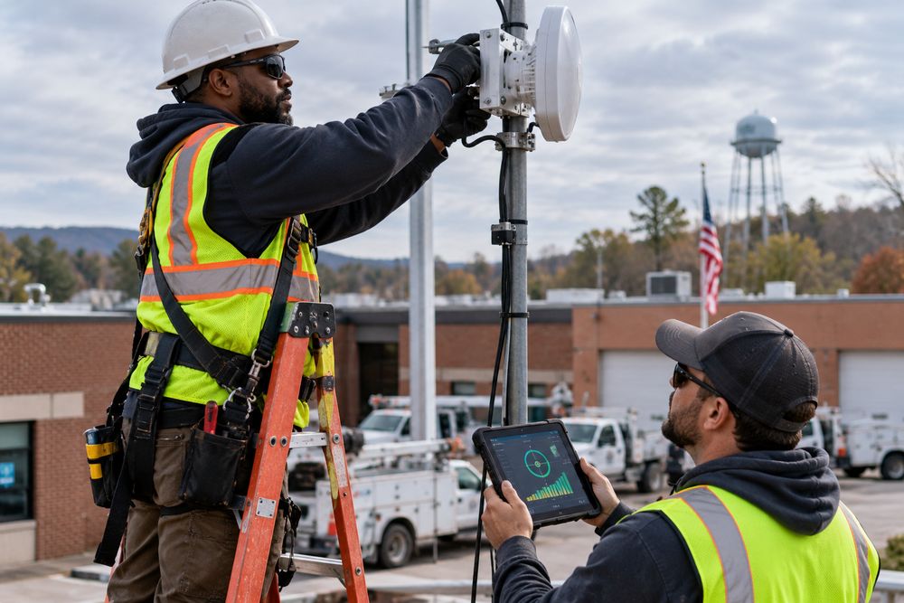 Technicians restoring a municipal wireless link on a utility pole
