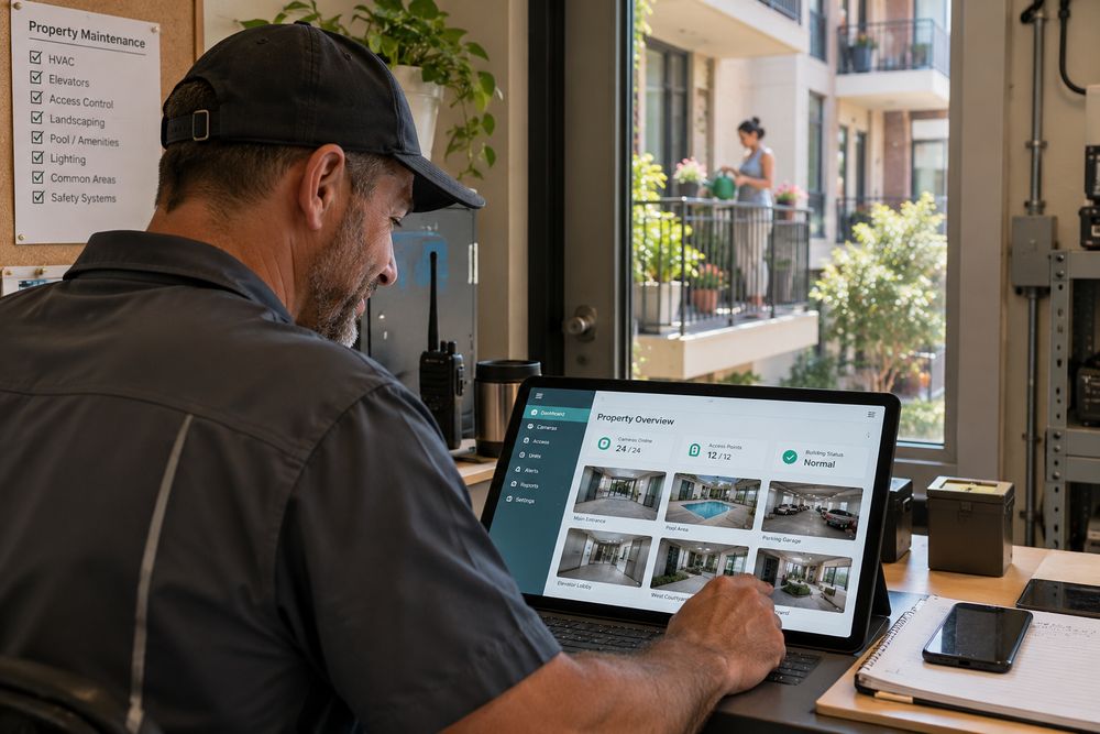 Maintenance supervisor reviewing a building health dashboard