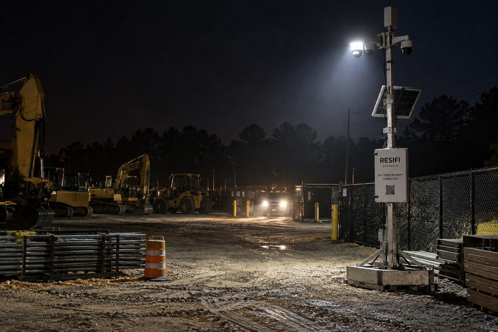 A branded SiteWatch unit lighting an equipment yard at night as a truck approaches the gate