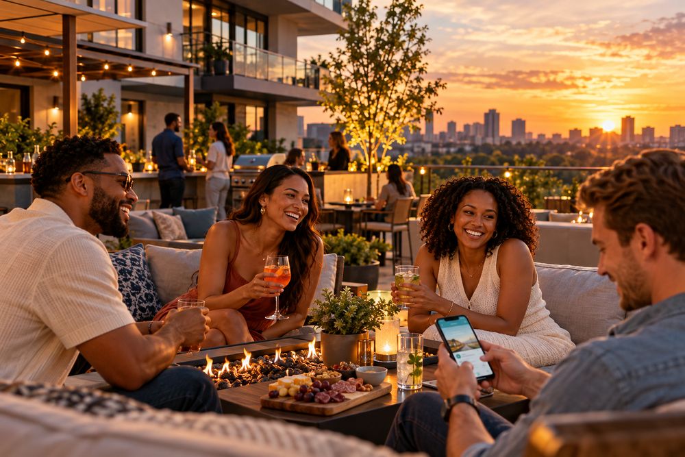 Residents on a rooftop deck at sunset, one checking the resident app