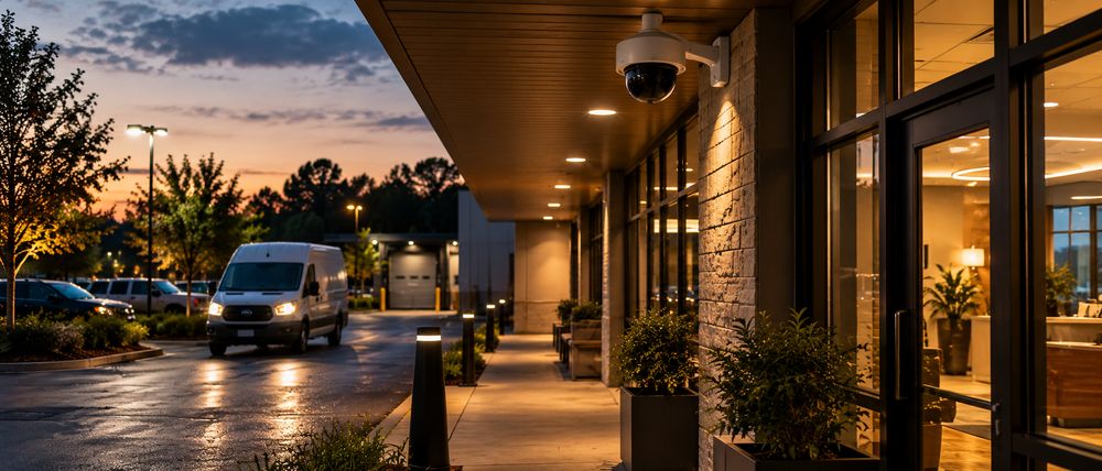 Outdoor camera under a building eave at dusk with a van arriving in a lit parking area